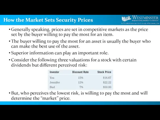 How the Market Sets Security Prices Generally speaking, prices are set