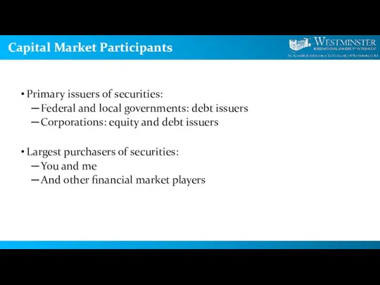 Capital Market Participants Primary issuers of securities: Federal and local governments: