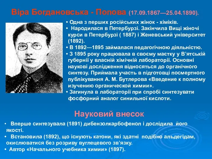 Віра Богдановська - Попова (17.09.1867—25.04.1890). Одна з перших російських жінок -