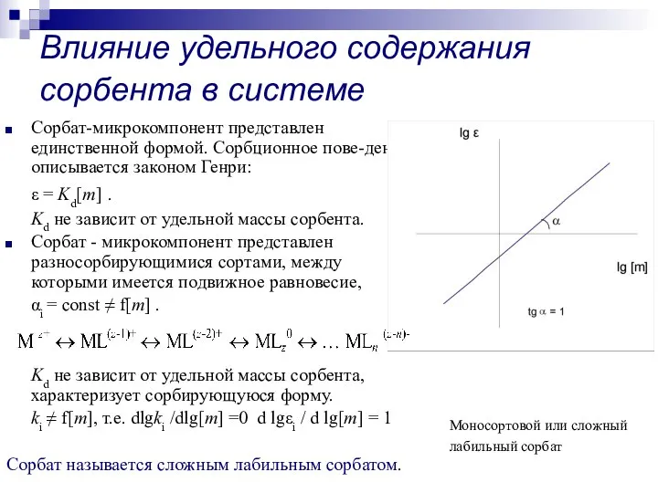 Влияние удельного содержания сорбента в системе Сорбат-микрокомпонент представлен единственной формой. Сорбционное