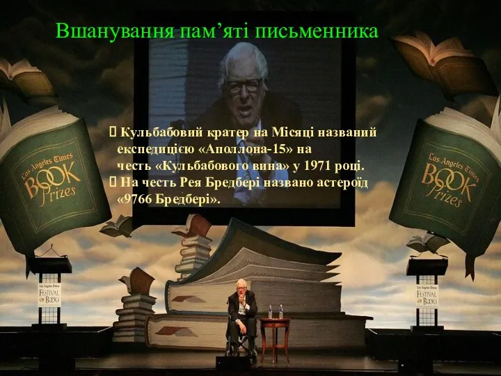 Вшанування пам’яті письменника Кульбабовий кратер на Місяці названий експедицією «Аполлона-15» на