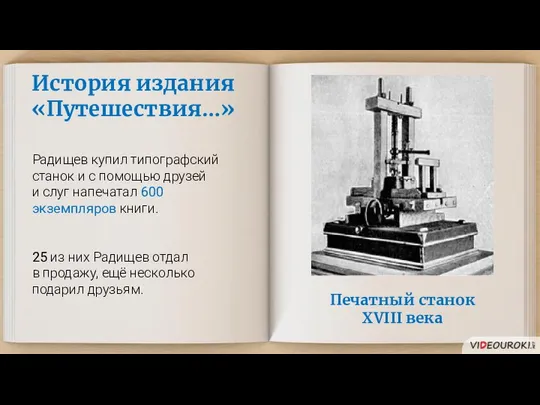 Печатный станок XVIII века История издания «Путешествия…» Радищев купил типографский станок