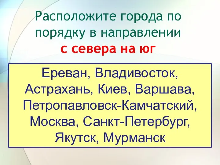 Расположите города по порядку в направлении с севера на юг Ереван,