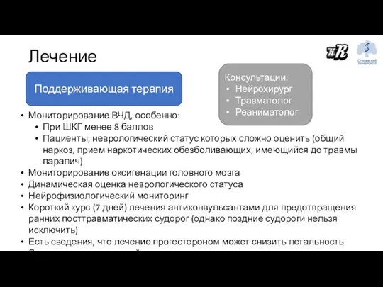 Лечение Поддерживающая терапия Мониторирование ВЧД, особенно: При ШКГ менее 8 баллов