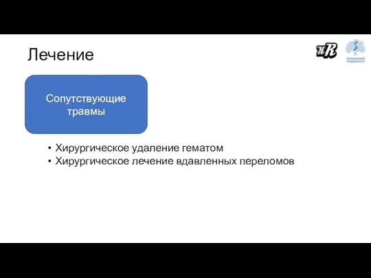 Лечение Сопутствующие травмы Хирургическое удаление гематом Хирургическое лечение вдавленных переломов