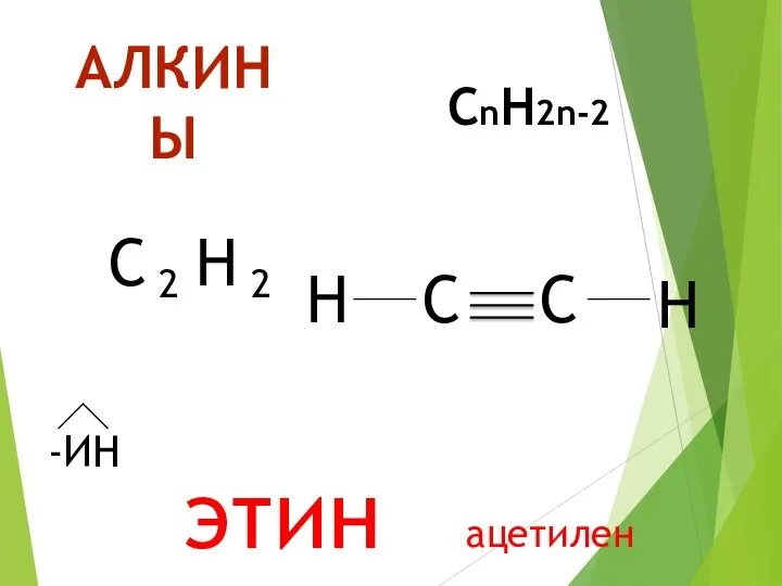 АЛКИНЫ СnH2n-2 C 2 H 2 C C H H -ИН этин ацетилен