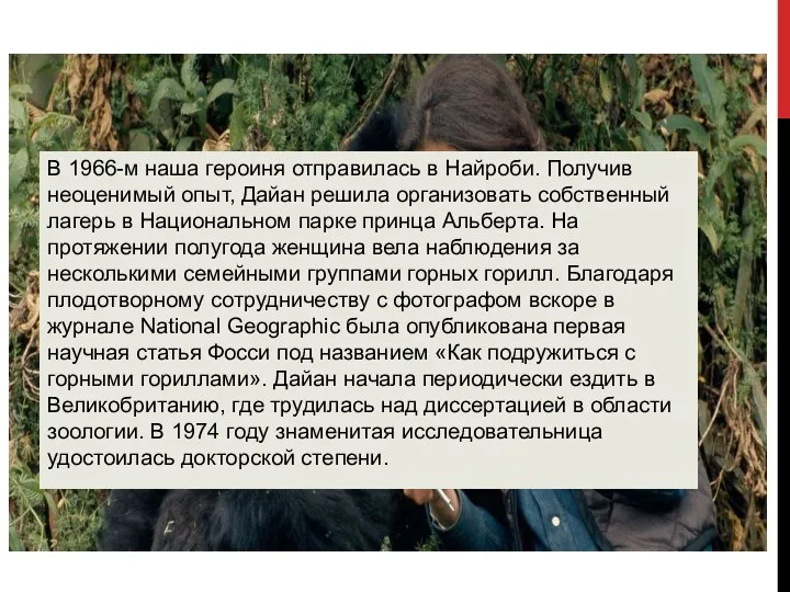 В 1966-м наша героиня отправилась в Найроби. Получив неоценимый опыт, Дайан