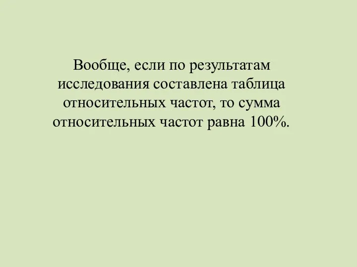 Вообще, если по результатам исследования составлена таблица относительных частот, то сумма относительных частот равна 100%.