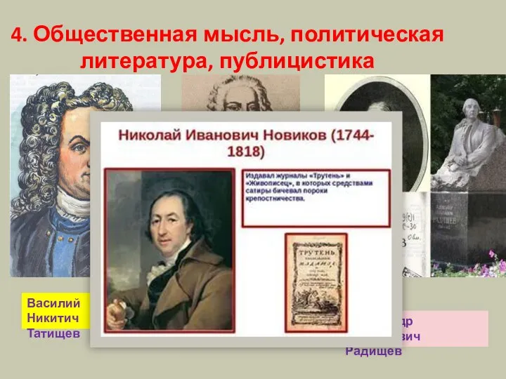 4. Общественная мысль, политическая литература, публицистика Василий Никитич Татищев Артемий Петрович Волынский Александр Николаевич Радищев