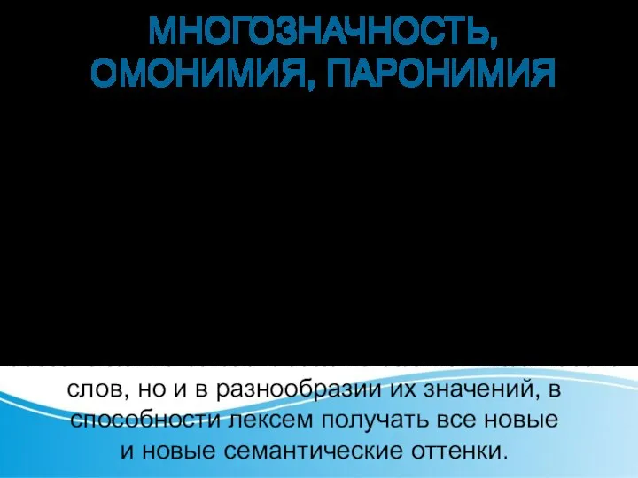 МНОГОЗНАЧНОСТЬ, ОМОНИМИЯ, ПАРОНИМИЯ Многозначность или полисемия (от гр. роlу – много,