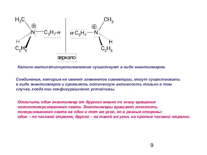 Катион метилэтилпропиламмония существует в виде энантиомеров. Соединения, которые не имеют элементов