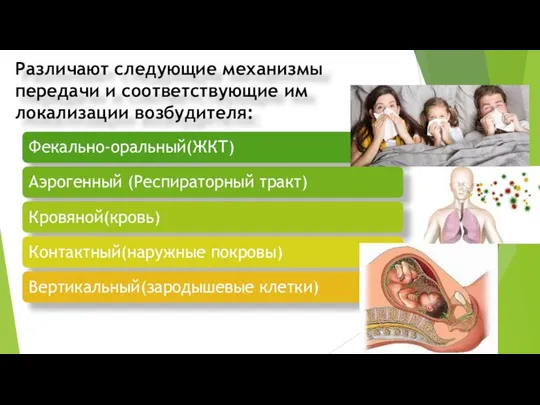 Различают следующие механизмы передачи и соответствующие им локализации возбудителя: