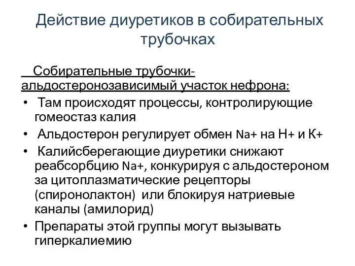 Действие диуретиков в собирательных трубочках Собирательные трубочки-альдостеронозависимый участок нефрона: Там происходят