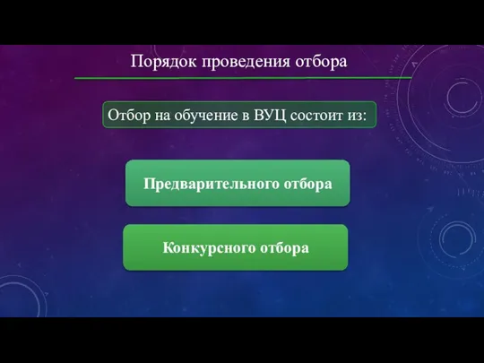 Порядок проведения отбора Отбор на обучение в ВУЦ состоит из: Конкурсного отбора Предварительного отбора