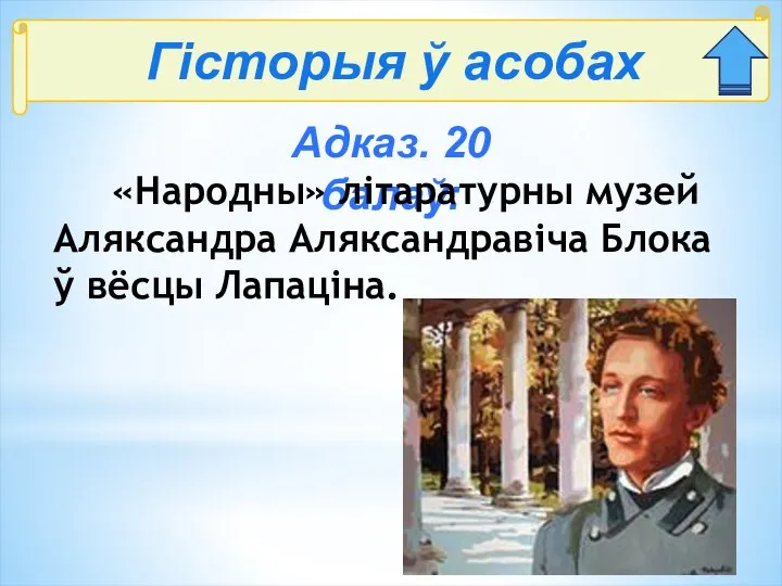 Гісторыя ў асобах Адказ. 20 балаў: «Народны» літаратурны музей Аляксандра Аляксандравіча Блока ў вёсцы Лапаціна.