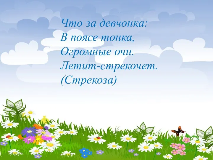 Что за девчонка: В поясе тонка, Огромные очи. Летит-стрекочет. (Стрекоза)