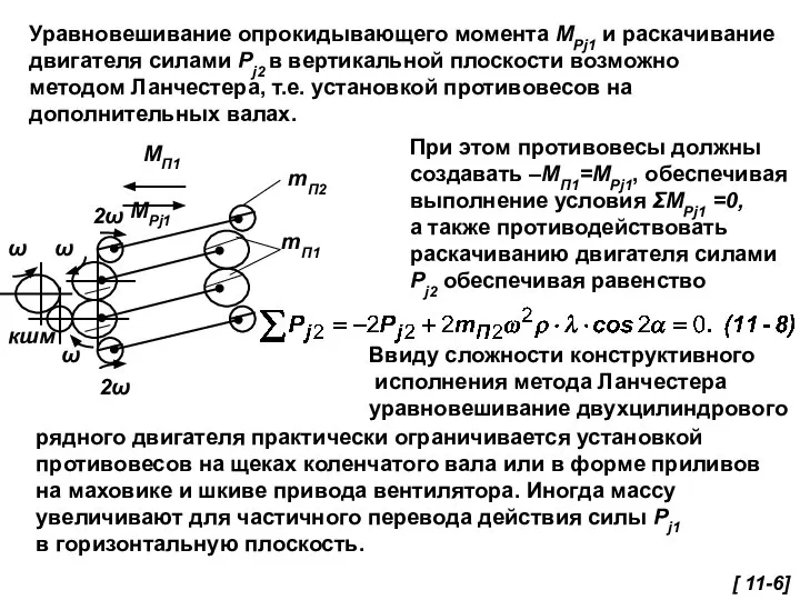 Уравновешивание опрокидывающего момента МРj1 и раскачивание двигателя силами Pj2 в вертикальной