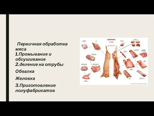 Первичная обработка мяса 1.Промывание и обсушивание 2.деление на отрубы Обвалка Желовка 3.Приготовление полуфабрикатов