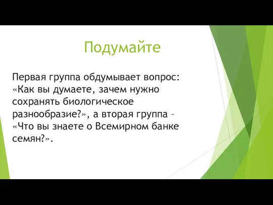 Первая группа обдумывает вопрос: «Как вы думаете, зачем нужно сохранять биологическое