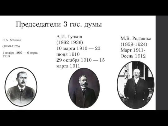 Председатели 3 гос. думы Н.А. Хомяков (1850-1925) 1 ноября 1907 —