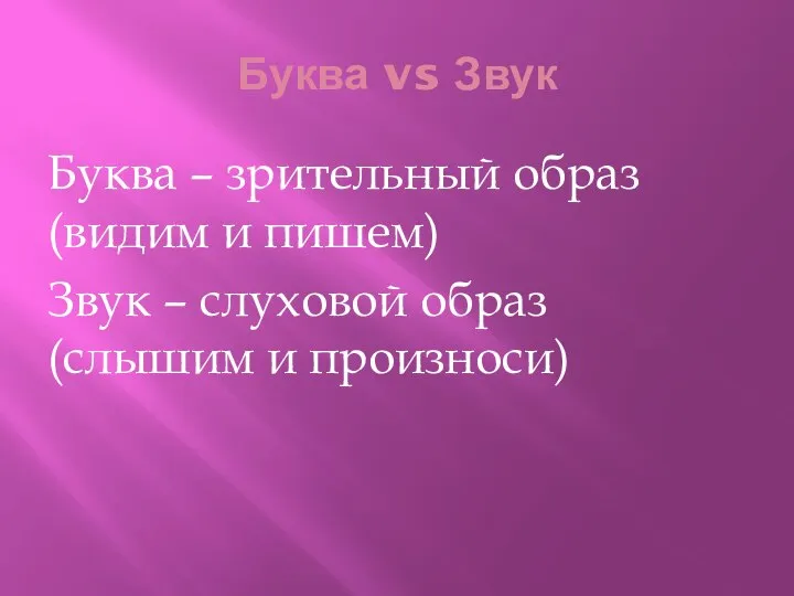 Буква vs Звук Буква – зрительный образ (видим и пишем) Звук