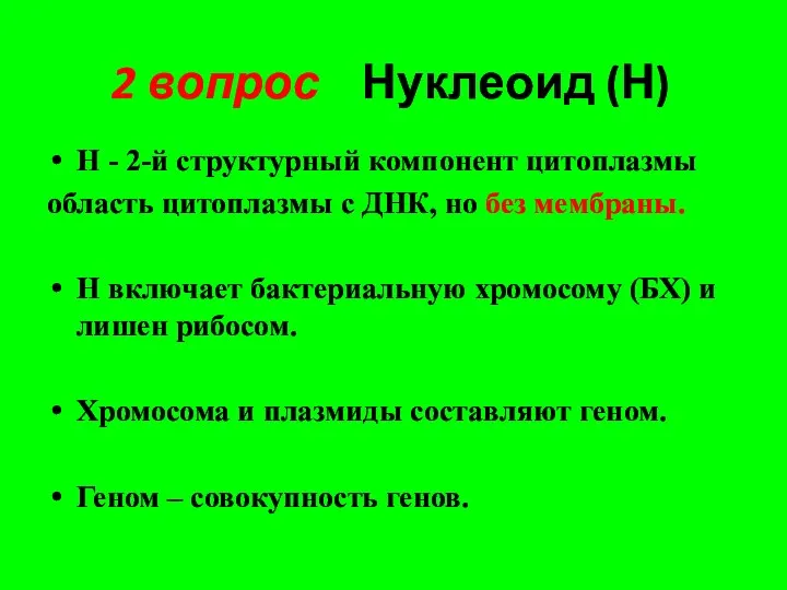 2 вопрос Нуклеоид (Н) Н - 2-й структурный компонент цитоплазмы область