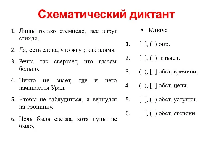 Схематический диктант Лишь только стемнело, все вдруг стихло. Да, есть слова,