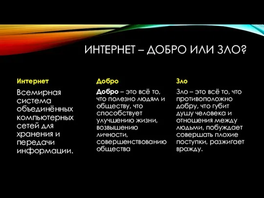 ИНТЕРНЕТ – ДОБРО ИЛИ ЗЛО? Интернет Всемирная система объединённых компьютерных сетей