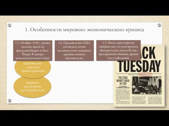 Закрытие предприятий, рост безработицы Производство лишилось финансирования 1. Особенности мирового экономического