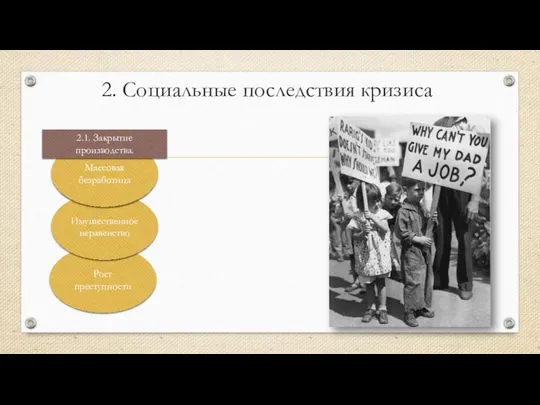 Рост преступности Имущественное неравенство Массовая безработица 2. Социальные последствия кризиса 2.1. Закрытие производства.