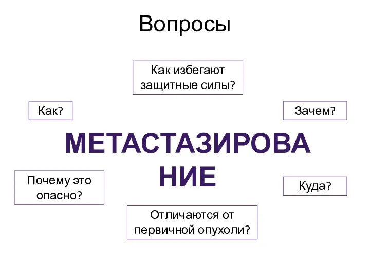 Вопросы МЕТАСТАЗИРОВАНИЕ Как? Зачем? Как избегают защитные силы? Куда? Отличаются от первичной опухоли? Почему это опасно?