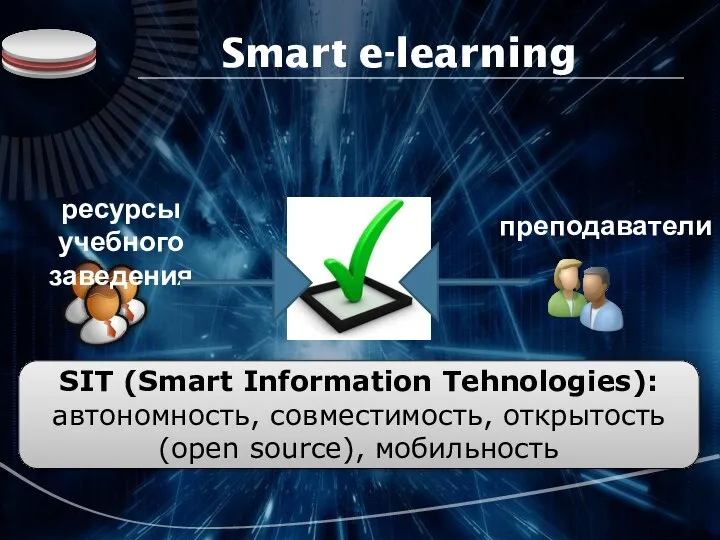 Smart e-learning SIT (Smart Information Tehnologies): автономность, совместимость, открытость (open source), мобильность ресурсы учебного заведения преподаватели