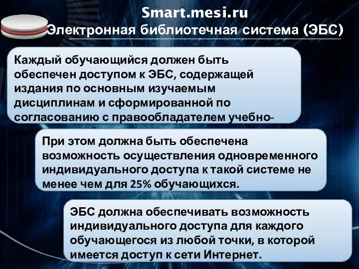 Smart.mesi.ru Электронная библиотечная система (ЭБС) Каждый обучающийся должен быть обеспечен доступом