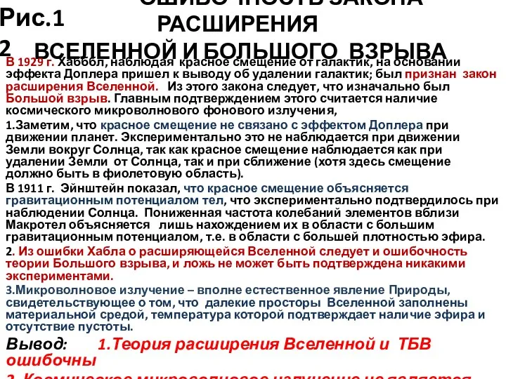 ОШИБОЧНОСТЬ ЗАКОНА РАСШИРЕНИЯ ВСЕЛЕННОЙ И БОЛЬШОГО ВЗРЫВА В 1929 г. Хабббл,