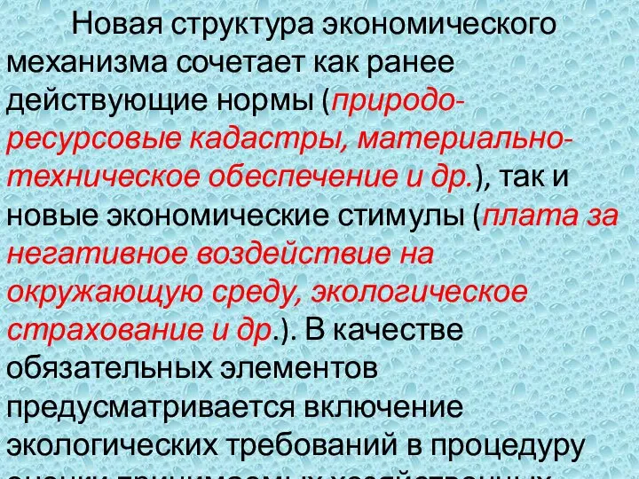 Новая структура экономического механизма сочетает как ранее действующие нормы (природо-ресурсовые кадастры,