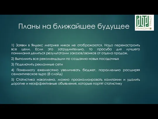 Планы на ближайшее будущее 1) Заявки в Яндекс метрике никак не