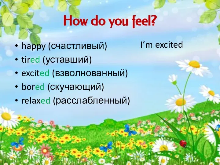 How do you feel? happy (счастливый) tired (уставший) excited (взволнованный) bored (скучающий) relaxed (расслабленный) I’m excited