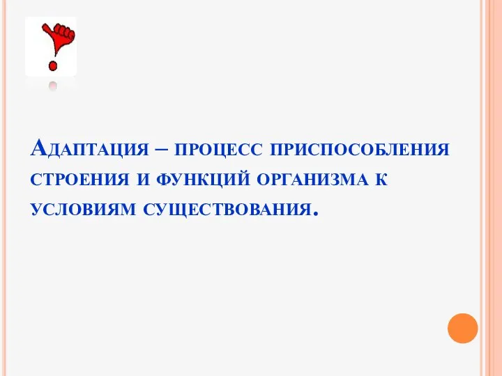 Адаптация – процесс приспособления строения и функций организма к условиям существования.