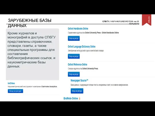 ЗАРУБЕЖНЫЕ БАЗЫ ДАННЫХ Кроме журналов и монографий в доступе СПбГУ представлены