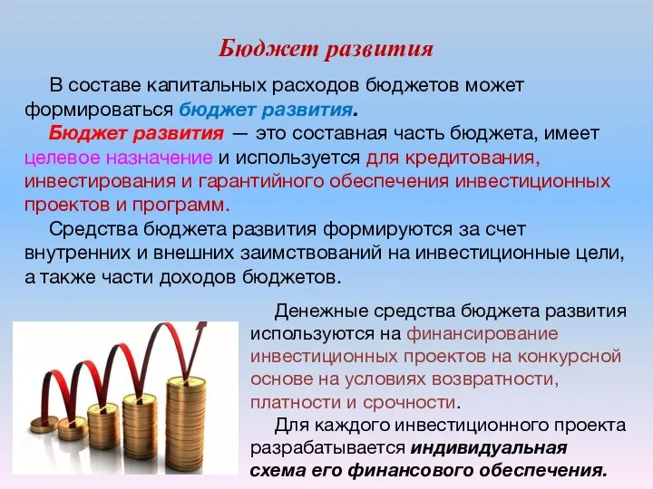 Бюджет развития В составе капитальных расходов бюджетов может формироваться бюджет развития.