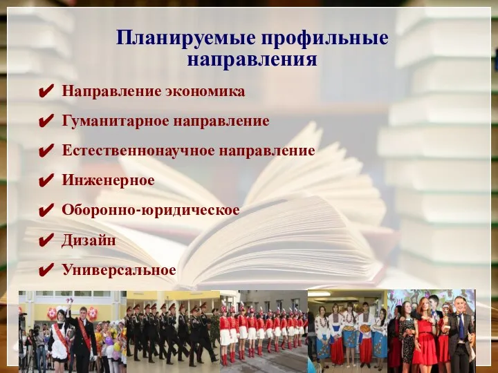 Планируемые профильные направления Направление экономика Гуманитарное направление Естественнонаучное направление Инженерное Оборонно-юридическое Дизайн Универсальное