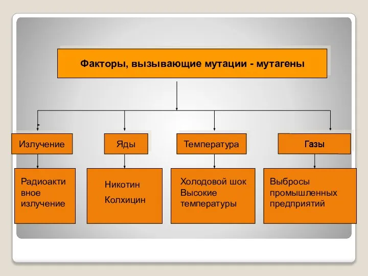 Факторы, вызывающие мутации - мутагены Излучение Яды Температура Газы Радиоактивное излучение