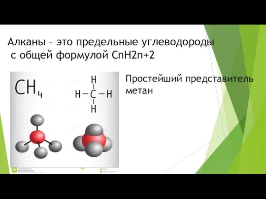 Алканы – это предельные углеводороды с общей формулой CnH2n+2 Простейший представитель метан