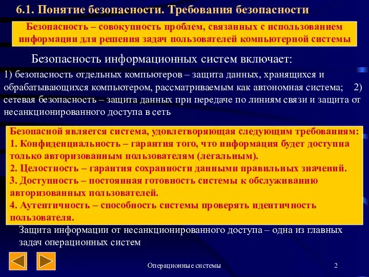 Операционные системы 6.1. Понятие безопасности. Требования безопасности Безопасность информационных систем включает: