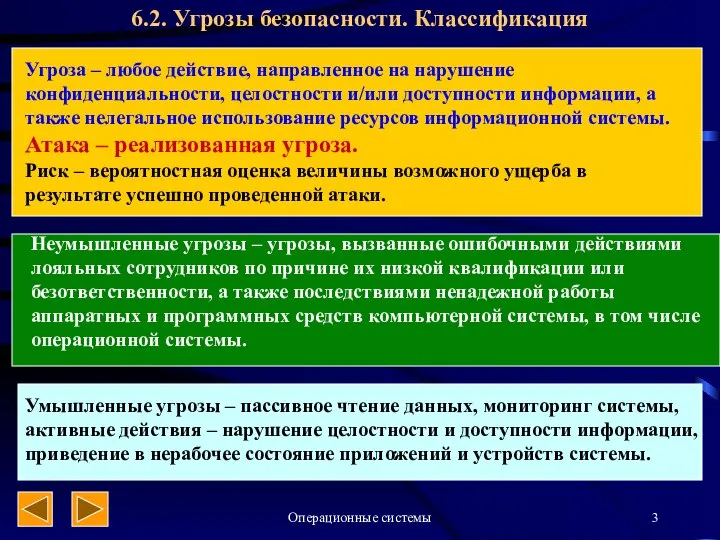 Операционные системы 6.2. Угрозы безопасности. Классификация Угроза – любое действие, направленное