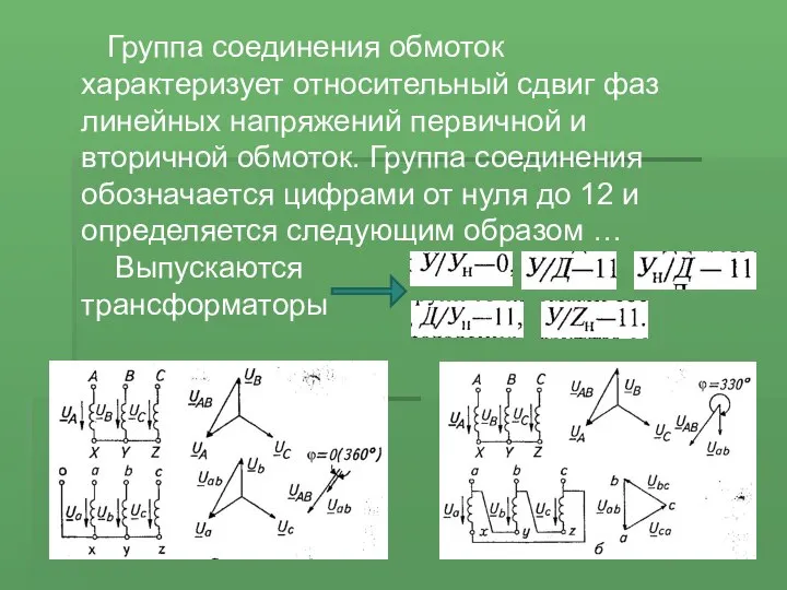 Группа соединения обмоток характеризует относительный сдвиг фаз линейных напряжений первичной и