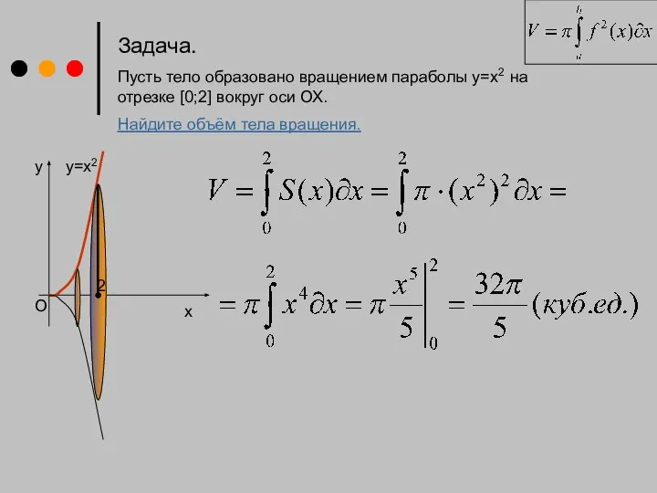 Задача. Пусть тело образовано вращением параболы у=х2 на отрезке [0;2] вокруг