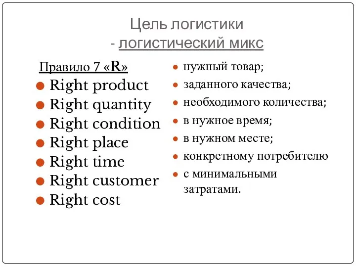 Цель логистики - логистический микс Правило 7 «R» Right product Right