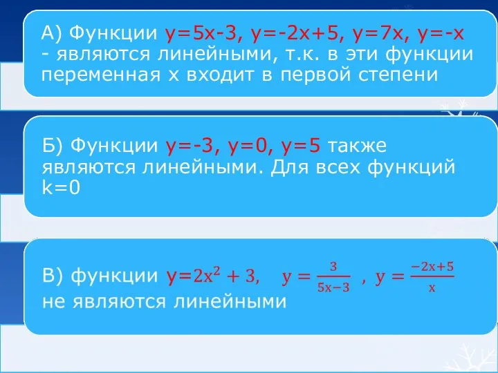 А) Функции у=5х-3, у=-2х+5, у=7х, у=-х - являются линейными, т.к. в