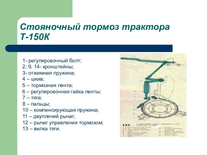 Стояночный тормоз трактора Т-150К 1- регулировочный болт; 2, 9, 14- кронштейны;